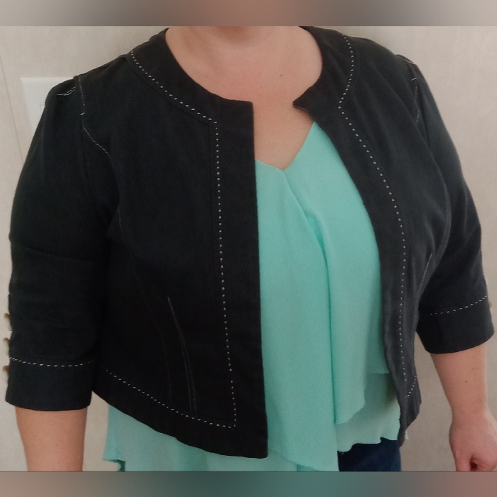 Dress Barn Womens Jacket Size 2X Dark Blue Embellished Neckline 3/4 Slee…